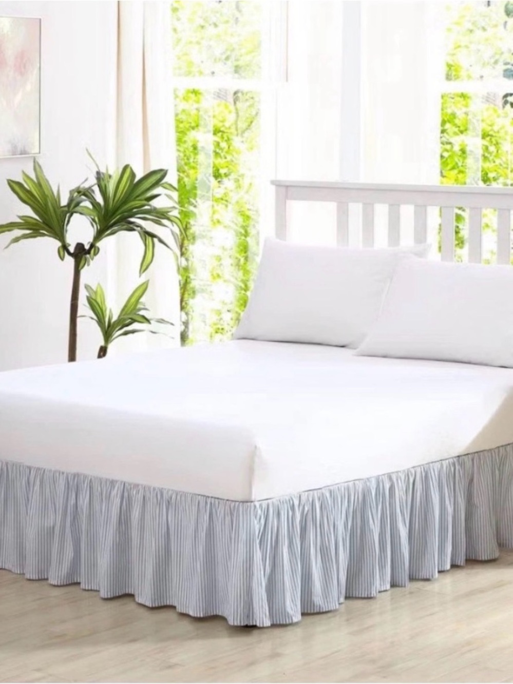 Cottage Charm KING Laura Ashley Bedskirt Classic Ticking Stripe Blue Ruffle